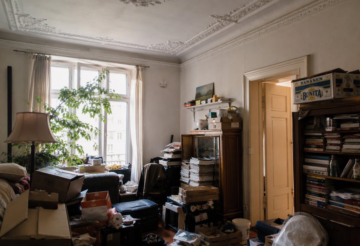 Altbau-Wohnung in Köln vor der Entrümpelung – vollgestellt mit Kartons und Möbeln