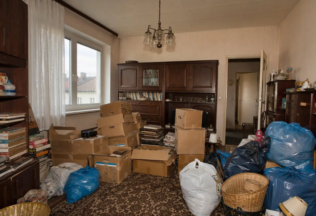 Wohnung in Hilden vor der Entrümpelung – vollgestellt mit Kartons und Möbeln
